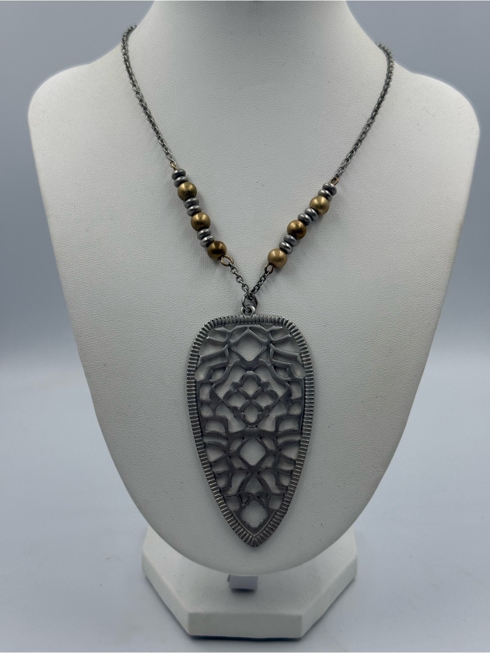 Charming Charlie Filigree Teardrop Beaded Necklace Silver and Gold Tone Boho